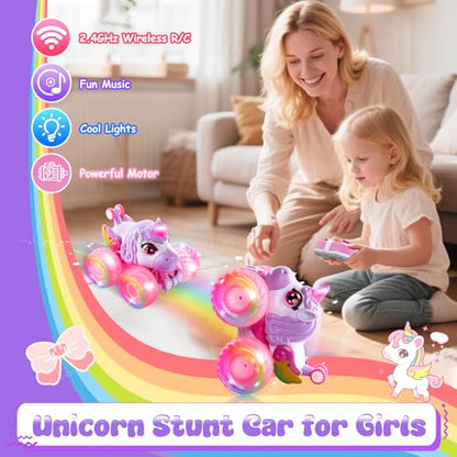 Remote Control Car Unicorn Monster Trucks for Girls 360° Rotating 4WD Stunt RC Cars with LED Lights and Music, 2.4GHz Toy Various Terrain Pink RC Cars Birthday Gifts for Kids Girl Age 3-12 (Large) - style: Large