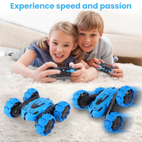 RC Stunt Car, 360° Flips & Double-Sided Remote Control Truck with LED Lights, 2.4GHz High Speed All Terrain Off-Road Toy Car, Gift for Boys Girls Kids Ages 6-12 (Blue) - color: Blue