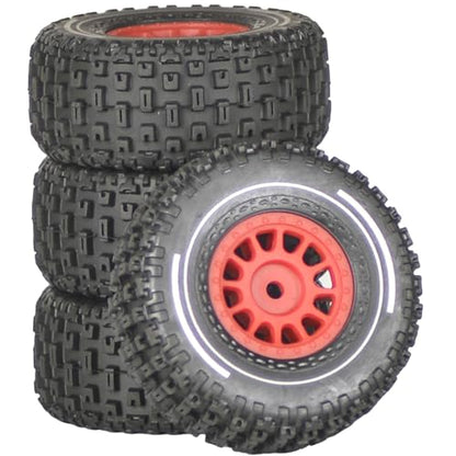 Pre-Glued 1/14 RC Truck Tires & Wheels (4PCS) - 12mm Hex All-Terrain Tires 2.56" OD - for Traxxas, ARRMA Mojave GROM,MJX Hyper Go 14301 14302 14303,Tamiya Kyosho HPI 1/14-1/18 Scale On/Off Road - color: Red