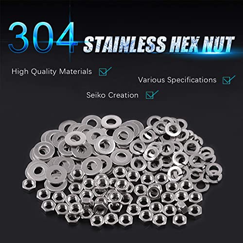 Swpeet 150Pcs Metric 304 Stainless Steel M6 Hex Nuts and M6 Flat Washers with Split Lock Washers Assortment Kit, Coarse Thread Hexagon Nut for Home Automotive Shop Use - size: M6 Hex Nuts & Washers