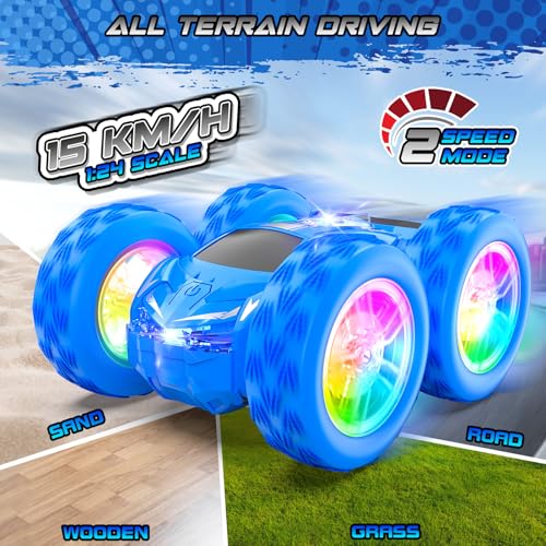 Wupuaait Flip Remote Control Car for Kids, RC Stunt Cars Toys for Boys Ages 4-7 with Double-Side and Changeable Led Lights, 1:24 Vehicle Toy Birthday Gift 3 4 5 6 7 8 9 Year Old Girls Racing Car Blue - color: Blue