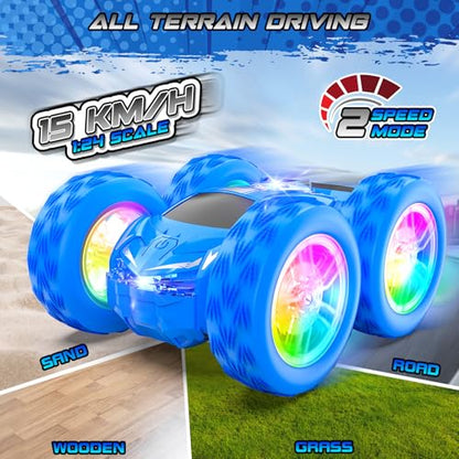 Wupuaait Flip Remote Control Car for Kids, RC Stunt Cars Toys for Boys Ages 4-7 with Double-Side and Changeable Led Lights, 1:24 Vehicle Toy Birthday Gift 3 4 5 6 7 8 9 Year Old Girls Racing Car Blue - color: Blue