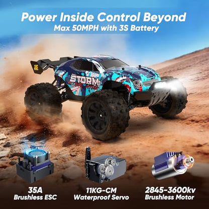 1/14 Scale Fast Brushless RC Cars,4WD Monster Truck | Max 50 MPH High-Speed, 4X4 Off-Road Vehicle, Waterproof All-Terrain Tire, 3S LiPo Battery,CNC Central Differential - color: Sky Blue