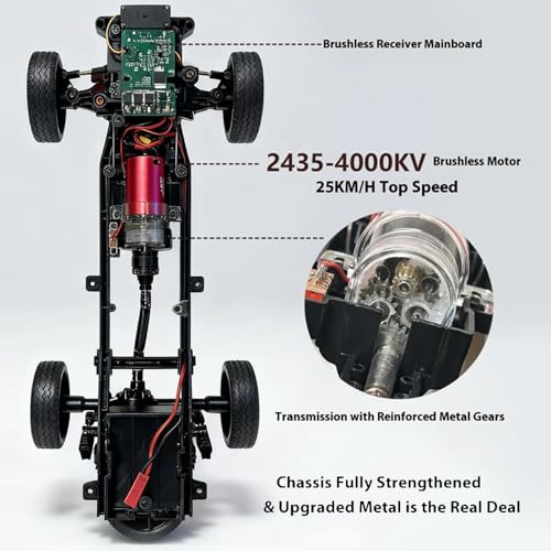 GoolRC WPL D-14S RC Kei Truck, 1:10 Scale Brushless RC Drift Car, 25KM/H High Speed Remote Control Car, 2.4GHz 4WD Proportional Throttle Steering Off Road Truck with LED Lights, 2 Batteries for Adults