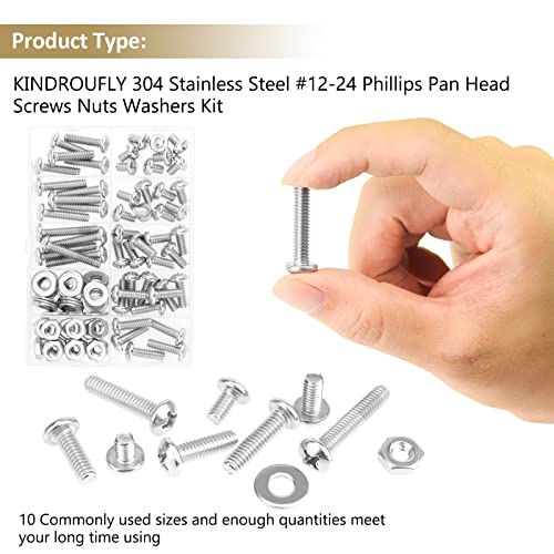 104 Pieces #12-24x 5/16", 3/8", 1/2", 5/8", 3/4", 7/8", 1", 1-1/4", Phillips Pan Head Machine Screws Nuts Washers Assortment Kit, 304 Stainless Steel, Fully Machine Thread - size: #12-24