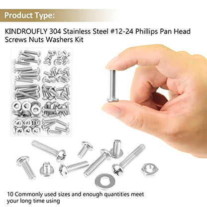 104 Pieces #12-24x 5/16", 3/8", 1/2", 5/8", 3/4", 7/8", 1", 1-1/4", Phillips Pan Head Machine Screws Nuts Washers Assortment Kit, 304 Stainless Steel, Fully Machine Thread - size: #12-24