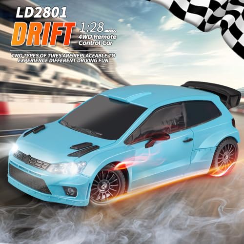 LDRC 2801 1/28 Mini RC Drift Car GTR 2.4GHz 4WD RTR with 4PCS Drift Tires Racing Radio Control Cars (Blue2) - color: Blue2