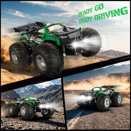 All-Terrain Remote Control Car for Boys 8-12 Headlight (Green) | Monster Remote Control Truck Rechargeable, 2 Motors 10KM/H 2.4GHZ Speed-friendly, Sturdy RC Cars for Christmas Beginner Kids - color: Green