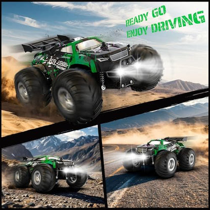 All-Terrain Remote Control Car for Boys 8-12 Headlight (Green) | Monster Remote Control Truck Rechargeable, 2 Motors 10KM/H 2.4GHZ Speed-friendly, Sturdy RC Cars for Christmas Beginner Kids - color: Green