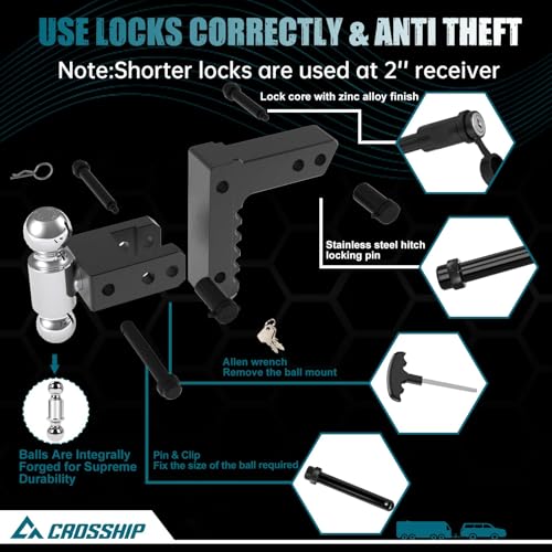 Adjustable Trailer Hitch - Heavy Duty Aluminum Drop Drawbar Hitch - Fits 2" Receiver, 6" Drop/Rise, for Truck, SUV, RV (12500 LBS GTW) - color: Black, size: 2" 6 Drop-Dual Ball