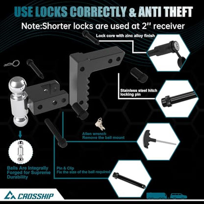 Adjustable Trailer Hitch - Heavy Duty Aluminum Drop Drawbar Hitch - Fits 2" Receiver, 6" Drop/Rise, for Truck, SUV, RV (12500 LBS GTW) - color: Black, size: 2" 6 Drop-Dual Ball