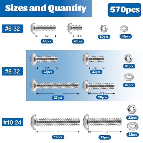 570Pcs Phillips Pan Head Nuts and Bolts Assortment Kit#6-32#8-32#10-24 | 304 Stainless Steel Machine Screws and Washers Fully Threaded Fastener with lengths from 1/4" to 1" for DIY, Furniture Repair - size: SS #6#8#10 570PCS