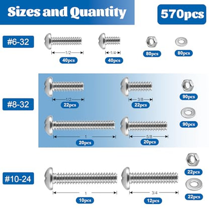 570Pcs Phillips Pan Head Nuts and Bolts Assortment Kit#6-32#8-32#10-24 | 304 Stainless Steel Machine Screws and Washers Fully Threaded Fastener with lengths from 1/4" to 1" for DIY, Furniture Repair - size: SS #6#8#10 570PCS