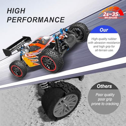 HobbyPark 12mm Hex Pre-Glued 1/10 RC Buggy Tires and Wheels Set Assembled, 3.46" (88mm) Tall for Traxxas Bandit VXL Losi Redcat Wltoys 144001 fit Brushless Motor 2S 3S Models