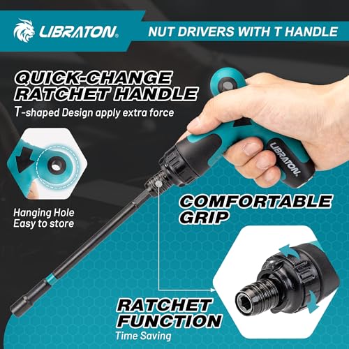 LIBRATON 27PCS Magnetic Nut Driver Set, Ratcheting T Handle, Metric&SAE | Nut Driver Set for Impact Drill, Long Socket Set, Drill Bits, Socket Adapters, Wing Nut Driver, Magnetic Holder, Storage Case - style: 27PCS With Handle