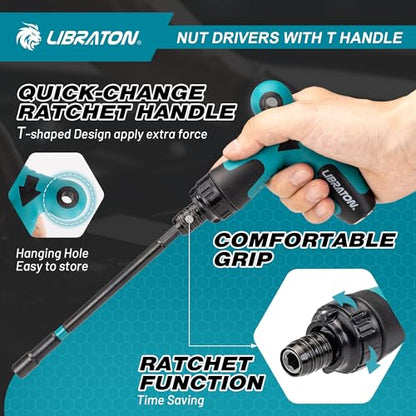 LIBRATON 27PCS Magnetic Nut Driver Set, Ratcheting T Handle, Metric&SAE | Nut Driver Set for Impact Drill, Long Socket Set, Drill Bits, Socket Adapters, Wing Nut Driver, Magnetic Holder, Storage Case - style: 27PCS With Handle
