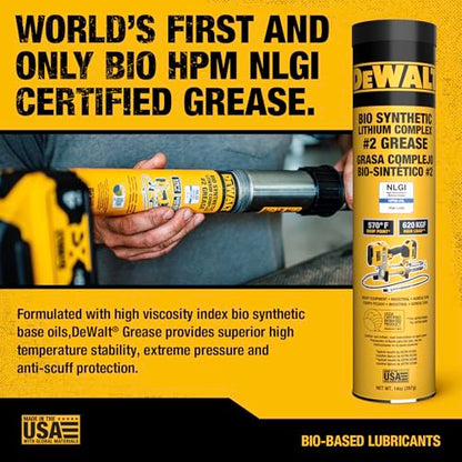 DEWALT Biosynthetic Lithium Complex #2 Grease - USDA Certified Industrial Grade CV Joint & Wheel Bearing Grease for High-Load, High-Temp Use in Construction, Agriculture - 14 oz
