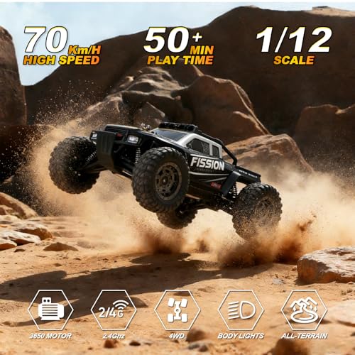 A ALPHA Brushless RC Monster Truck with Metal Drivetrain & ESP Stability, Upgrade-Free 1/12 4WD RC Truck Built for Repeated High-Speed Runs