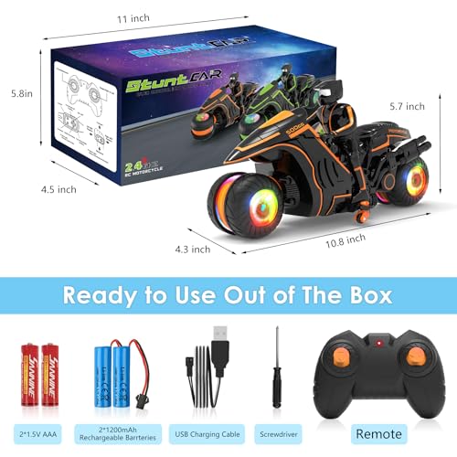 Remote Control Motorcycle with RGB Lights & Exclusive Side Glide | Ready-to-Play with 2 Batteries | 2.4GHz RC Stunt Bike Gift for Kids 5-12 - color: Orange