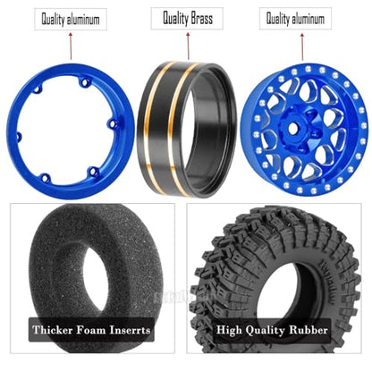 RC 1.3 Beadlock Wheels and Tires for 1/18 TRX4M 1/24 SCX24 FCX24 RC Crawler Car,4pcs RC 1.3 in Brass Rims & Aluminum Beadlock Wheels Rims and Tires,Navy Blue - color: Navy Blue - (4pcs 1.3 Tires)