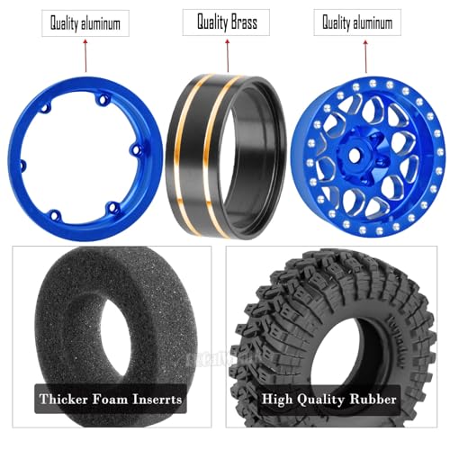 RC 1.3 Beadlock Wheels and Tires for 1/18 TRX4M 1/24 SCX24 FCX24 RC Crawler Car,4pcs RC 1.3 in Brass Rims & Aluminum Beadlock Wheels Rims and Tires,Navy Blue - color: Navy Blue - (4pcs 1.3 Tires)