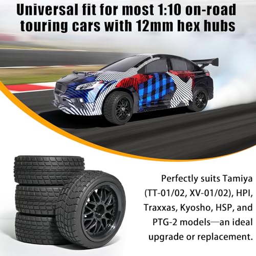 OD 2.65" On Road Rubber Tires Nylon Wheels- 12mm Hex for 1/10 RC Racing Car | Compatible with MJX HSP Tamiya HPI Kyosho Traxxas Sakura Redcat WLtoys 1/10 RC On-Road Racing Touring Car (4pcs, Black) - style: C-Black