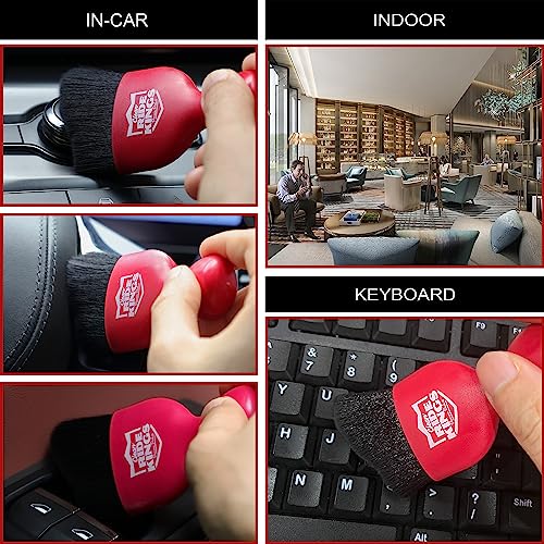 Car Interior Detailing Kit - 2 Red Dusters, Brush | Electrostatic sweep for dash. Cleans vents & narrow gaps scratch-free. Perfect auto care gift box for vehicles. - color: Red