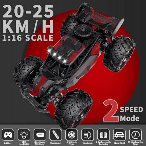 Carox Remote Control Car, 2.4GHz 25KM/H High Speed RC Car, 1:18 Off-Road Monster Truck with LED Lights– Ideal Gift for Boys 6+ - color: Red