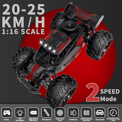 Carox Remote Control Car, 2.4GHz 25KM/H High Speed RC Car, 1:18 Off-Road Monster Truck with LED Lights– Ideal Gift for Boys 6+ - color: Red