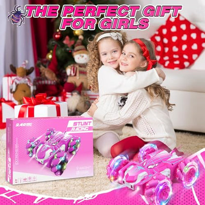 Dolanus Girls Toys Spider Remote Control Car, Age 3+, Kids Gift, Pink | RGB Wheel Lights, Dual Sided Stunts, 360° Spins, Sideways Drifts, USB Charging, 2.4GHz Control, for 3 4 5 6 7 8 12 Year Old