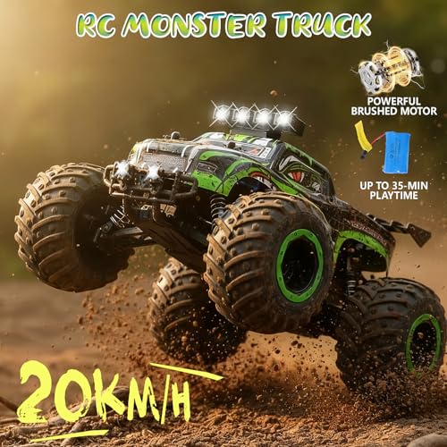 Remote Control Monster Truck for Kids: Off-Road RC Car with Headlights & Body Lights, 1:18, 20 km/h, 2WD, 2.4 GHz, All-Terrain, Rechargeable, High-Speed - Birthday for Boys Ages 4-12