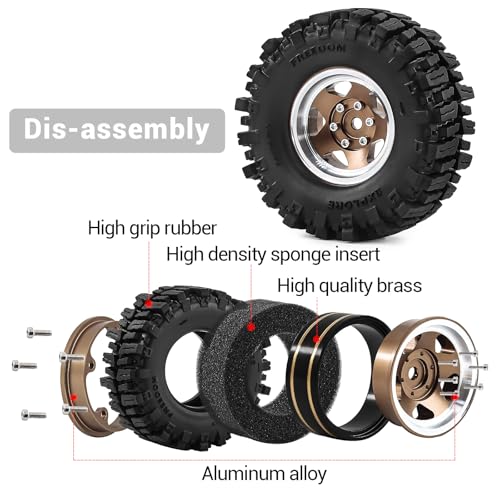 1.3" Beadlock Wheels and Tires 64mm (2.52in) for SCX24 TRX4M 1/18 1/24 RC Crawlers – Aluminum Rims, Soft Rubber Tires with Foam Inserts, Easy-Install Upgrade Parts (Bronze 205) - color: Bronze 205