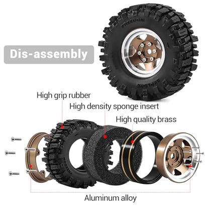 1.3" Beadlock Wheels and Tires 64mm (2.52in) for SCX24 TRX4M 1/18 1/24 RC Crawlers – Aluminum Rims, Soft Rubber Tires with Foam Inserts, Easy-Install Upgrade Parts (Bronze 205) - color: Bronze 205