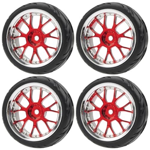 ShareGoo Plastics Wheel Rims w/Rubber Tire RC 12mm Hex Hub Compatible with HSP Tamiya XV01 TT01 Kyosho Traxxas Sakura WLtoys HSP 3Racing 1/10 RC On-Road Racing Touring Car (Red) - color: Red