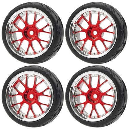 ShareGoo Plastics Wheel Rims w/Rubber Tire RC 12mm Hex Hub Compatible with HSP Tamiya XV01 TT01 Kyosho Traxxas Sakura WLtoys HSP 3Racing 1/10 RC On-Road Racing Touring Car (Red) - color: Red