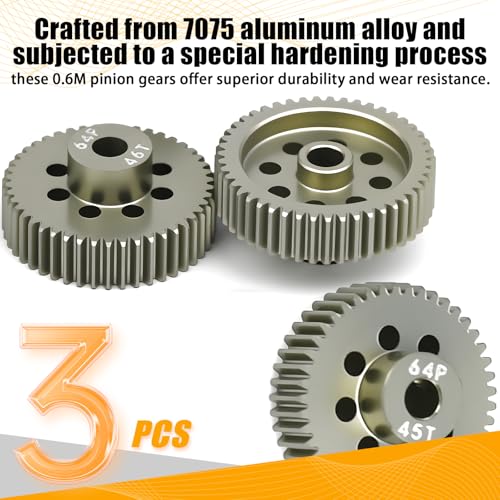 64P Pinion Gear 3.175mm Shaft 7075 Aluminum Alloy Motor Gears,0.6 Metric Pitch 45 46 47T with 1/8 Hole Pinion Gear Compatible with 1/10 Arrma HPI Kyosho Losi Axial Traxxas Tamiya RC Car - size: 45 46 47T