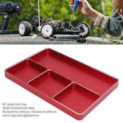 RC Repair Screw Tray, Aluminum Alloy 4 Grids Screw Tray with Magnetic Pad for 1/10 1/8 RC Car Airplanes Helicopters, Durable Tool Tray for Model Screws and Small Parts (Red) - color: Red