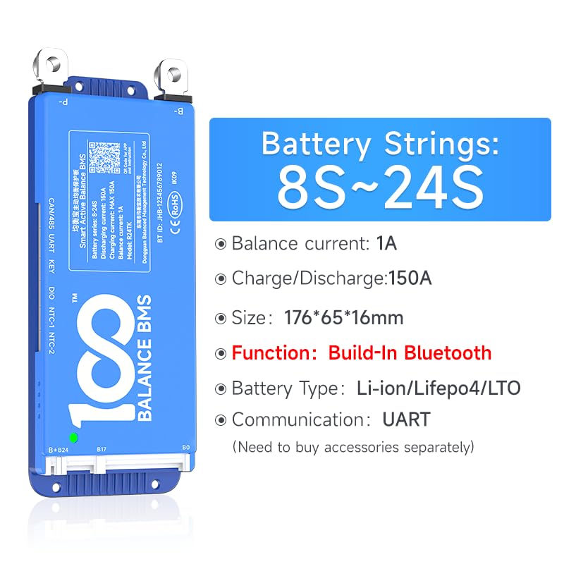 DALY Smart BMS 12V-24V 150A Built-in 1A Active Balancer | Bluetooth App Monitoring. 4S-8S LiFePO4 Li-ion LTO Support. Designed for Energy Storage, RVs, Trolling Motors - style: 150A 4-8S BT