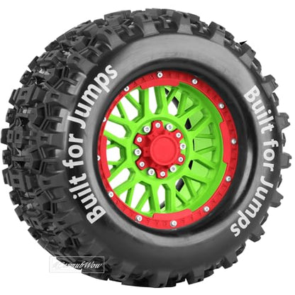 1/8 1/10 17mm Hex RC Truck Tires,Wheels and Tires for 1/10 E-Revo T-Maxx Summit,1/8 Kraton Outcast 6S,Sledge,Buggy Rubber Tyres and Rims w/Foam Insert for RC Off-Road Car,Green-Red - color: Green&red(4pcs)