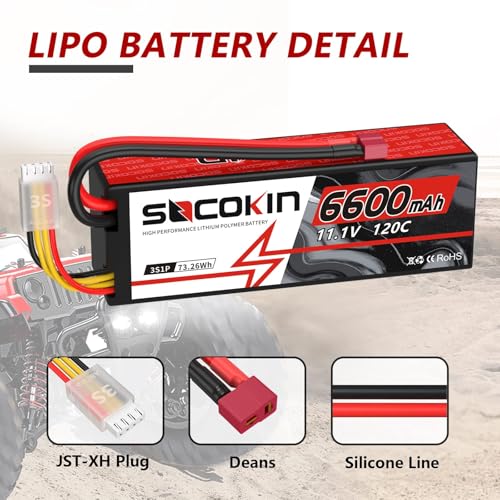 3S Lipo Battery 6600mAh 11.1V 120C Lipo Battery with T Deans Connector Hard Case for RC Car Truck Boat Helicopter Airplane RC Model (2 Pack)