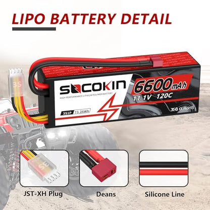 3S Lipo Battery 6600mAh 11.1V 120C Lipo Battery with T Deans Connector Hard Case for RC Car Truck Boat Helicopter Airplane RC Model (2 Pack)