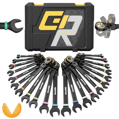 GRENPRO 23PC Flex Head Ratcheting Wrench Set SAE & Metric Combination Sets | 1/4"-3/4"&6-18mm Bolt Gauge, Electro-Coated 72-Tooth 180° Open End 12Pt, Color Rings, Roll Pouch for Auto&Home Repair - style: Flex Head Ratcheting Wrench Set with Color Ring (Me
