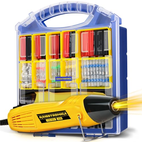 haisstronica Solder Seal Connectors and Tubing Kit, Mini Heat Gun, 340PCS | Wire Gauge Markings, Low-Melt Solder Rings, 2 Heat Settings, Removable Bins, Automotive and Trailer Wiring - size: 340PCS