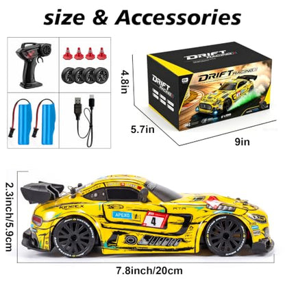 1:24 Scale RC Car for Kids, 4WD High Speed Remote Control Drift Car | 2.4GHz RC drift car with LED lights, 2 batteries(50-min)& dual mode tires (drift/speed). Gift for boys aged 4-12, Yellow - color: 3-yellow