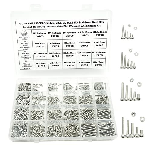 1200PCS M1.6 M2 M2.5 M3 Stainless Steel Hex Socket Head Cap Screws Nuts Flat Washers Assortment Kit - size: M1.6M2M2.5M3