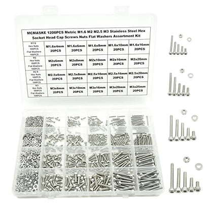 1200PCS M1.6 M2 M2.5 M3 Stainless Steel Hex Socket Head Cap Screws Nuts Flat Washers Assortment Kit - size: M1.6M2M2.5M3