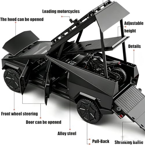 Toy Truck Set with Trailer and Motorcycle Alloy Truck RV Model with Sound and Light Effect Ideal Cyberpickup Gift Age for 3+ Pill Back Car - color: 1/24 Black Camper Truck