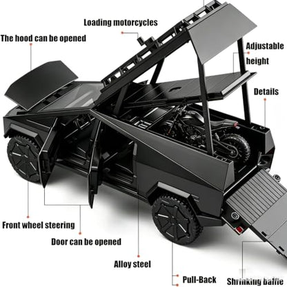 Toy Truck Set with Trailer and Motorcycle Alloy Truck RV Model with Sound and Light Effect Ideal Cyberpickup Gift Age for 3+ Pill Back Car - color: 1/24 Black Camper Truck