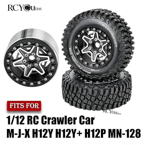 RC 1.9" Beadlock Wheels and Tires Set for 1/12 M-J-X H12Y H12Y+ H12P MN-128 RC Crawler,Wheels Tire OD 90MM/3.54",Aluminium Wheel Rims (4PCS),1.9" Beadlock Wheel Tires,Black - color: Black- (Wheel Tires)