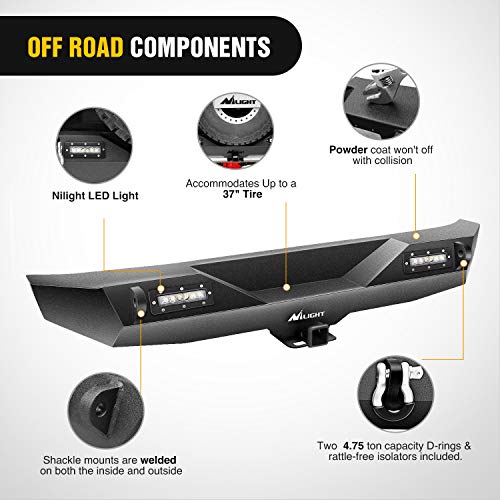 Nilight - JK-52A Rear Bumper Compatible for 2007-2018 Wrangler JK,Rock Crawler Bumper with Hitch Receiver & 2X Upgraded 18W LED Lights Off Road Textured Black - color: Rear Bumper